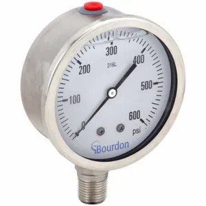 BOURDON MEX5-D62.H27/0133 Industrial Pressure Gauge, 0 To 600 PSI, 4 Inch Dial, Liquid-Filled, 1/2 Inch Npt Male | CP2AJX 437U88