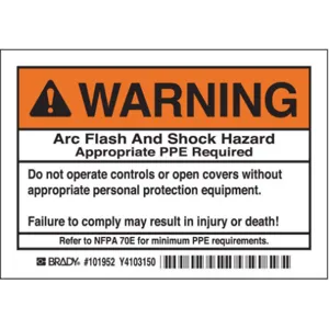 BRADY 101952 Arc Flash Protection Label - Pack Of 5 | AC4AAU 2XY16