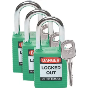 BRADY 105889 Lockout Padlock Keyed Alike Green 1/4 Inch - Pack Of 3 | AC8EEX 39N164