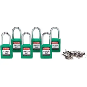 BRADY 105893 Lockout Padlock Keyed Alike Green 1/4 Inch - Pack Of 6 | AC8EFG 39N173