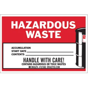 BRADY 121063 Hazardous Waste Label Vinyl - Pack Of 100 | AA7GWE 15Y484