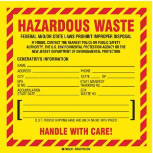 BRADY 121144 New Jersey Hazardous Waste Label - Pack Of 100 | AA7GWD 15Y483