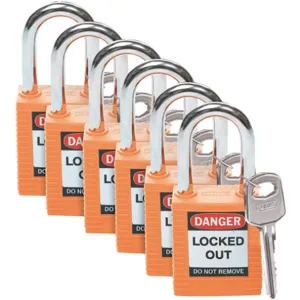 BRADY 123270 Lockout Padlock Keyed Alike Orange 1/4 Inch - Pack Of 6 | AC8EFH 39N174