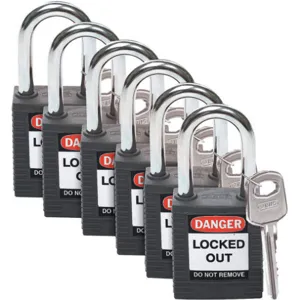 BRADY 123271 Lockout Padlock Keyed Alike Black 1/4 Inch - Pack Of 6 | AC8EFJ 39N175