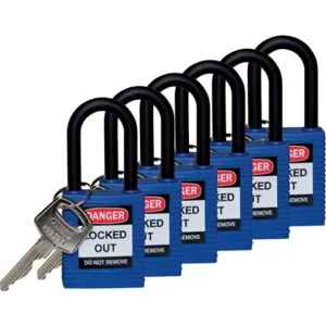 BRADY 123343 Lockout Padlock Keyed Alike Blue 1/4 Inch - Pack Of 6 | AC8EJH 39N244