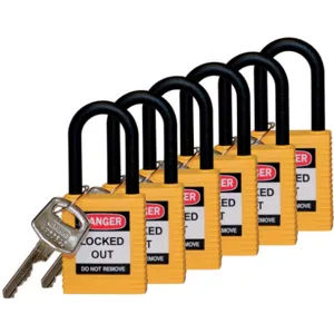 BRADY 123345 Lockout Padlock Keyed Alike Yellow 1/4 Inch - Pack Of 6 | AC8EJJ 39N245