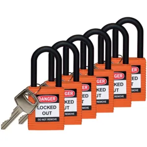 BRADY 123346 Lockout Padlock Keyed Alike Orange 1/4 Inch - Pack Of 6 | AC8EJL 39N247