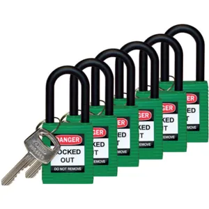 BRADY 123353 Lockout Padlock Keyed Different Green 1/4 Inch - Pack Of 6 | AC8EHQ 39N228