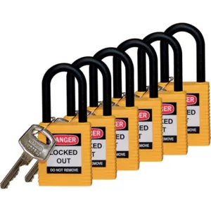 BRADY 123354 Lockout Padlock Keyed Different Yellow 1/4 Inch - Pack Of 6 | AC8EHP 39N227