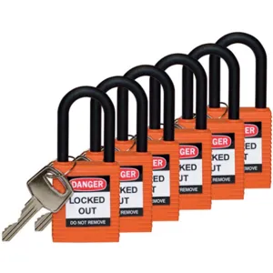 BRADY 123355 Lockout Padlock Keyed Different Orange 1/4 Inch - Pack Of 6 | AC8EHR 39N229