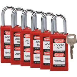 BRADY 123423 Lockout Padlock Keyed Alike Red 1/4 Inch - Pack Of 6 | AC8EKW 39N279