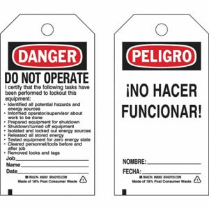 BRADY 133492 Lockout Tag, Peligro/Danger, Danger Do Not Operate, Paper, Fecha/Nombre, Write-On Surface | CP2FMH 489M44