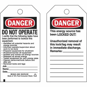 BRADY 133491 Lockout Tag, Danger, Danger Do Not Operate, Paper, Remarks, Write-On Surface, English | CP2FHP 489L45