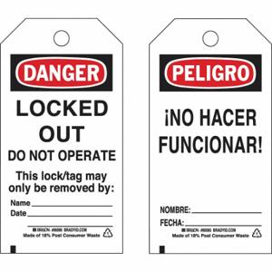 BRADY 133494 Lockout Tag, Peligro/Danger, Locked Out Device, Polyester, Date/Fecha/Name/Nombre | CP2FMQ 489M46