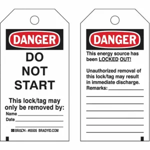 BRADY 133497 Lockout Tag, Danger, Do Not Remove Tag, Polyester, Date/Name/Remarks, Write-On Surface | CP2FHW 489L46