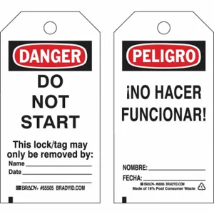 BRADY 133544 Lockout Tag, Peligro/Danger, Do Not Remove Tag, Paper, Date/Fecha/Name/Nombre | CP2FMM 489M50