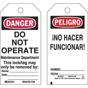 BRADY 133545 Lockout Tag, Peligro/Danger, Danger Do Not Operate, Polyester, Date/Fecha/Name/Nombre | CP2FNB 489M51