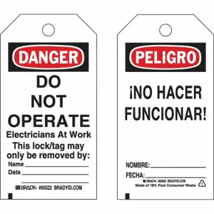 BRADY 133550 Lockout Tag, Danger/Peligro, Danger Do Not Operate, Paper, Date/Fecha/Name/Nombre | CP2FJC 489M56