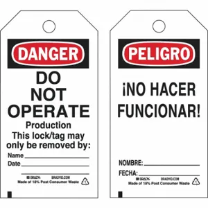 BRADY 133556 Lockout Tag, Peligro/Danger, Danger Do Not Operate, Paper, Date/Fecha/Name/Nombre, Nylon | CP2FMG 489M59