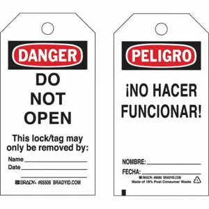 BRADY 133557 Lockout Tag, Danger/Peligro, Do Not Remove Tag, Polyester, Date/Fecha/Name/Nombre | CP2FJH 489M60