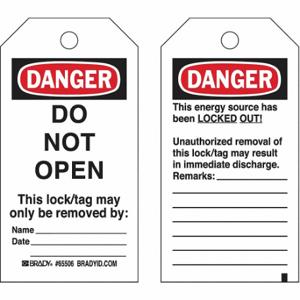 BRADY 133558 Lockout Tag, Danger, Do Not Remove Tag, Polyester, Date/Name/Remarks, Write-On Surface | CP2FHX 489L51