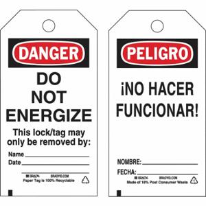 BRADY 133562 Lockout Tag, Peligro/Danger, Do Not Remove Tag, Polyester, Date/Fecha/Name/Nombre | CP2FMN 489M63