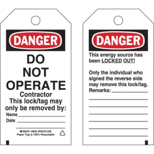 BRADY 50256 Danger Tag 5-3/4 Inch Height x 3 Inch Width Cardstock PK25 | AG9KVE 20TJ18