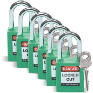 BRADY 51345 Lockout Padlock Keyed Different Green 1/4 Inch - Pack Of 6 | AC3ZJK 2XU68