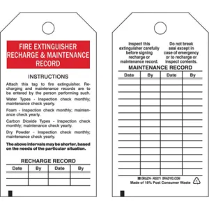 BRADY 65371 Fire Extinguisher Recharge And Maintenance Record Tag - Pack Of 25 | AC8KTJ 3AZ37