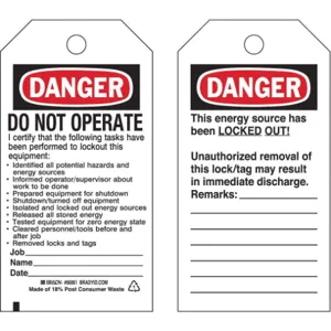 BRADY 65449 Danger Tag 5-3/4 Inch Height x 3 Inch Width Cardstock PK25 | AG9KVJ 20TJ22