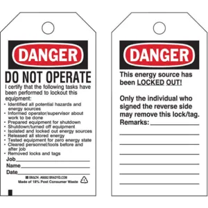 BRADY 65450 Danger Tag 5-3/4 x 3 Inch Cardstock - Pack Of 25 | AA7HDC 15Y650