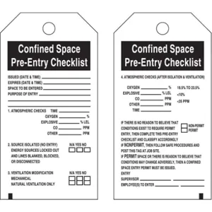 BRADY 66324 Confined Space Pre-entry Checklist Tag - Pack Of 25 | AD2VZJ 3VAW8