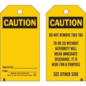 BRADY 76168 Caution Tag 5-3/4 x 3 Inch Black/yellow Osha - Pack Of 25 | AF2HPK 6U879