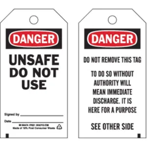 BRADY 76221 Danger Tag 5-3/4 x 3 Inch Unsafe Do Not Use - Pack Of 25 | AE6HTP 5T156