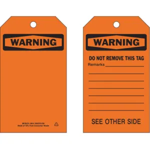 BRADY 86515 Warning Tag 7 x 4 Inch Black/orange 3/8 Inch - Pack Of 10 | AF4JJR 8YAD3