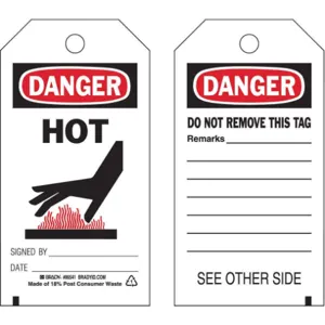 BRADY 86541 Danger Tag 5-3/4 x 3 Inch Hot 3/8 Inch - Pack Of 10 | AF4PWE 9F206