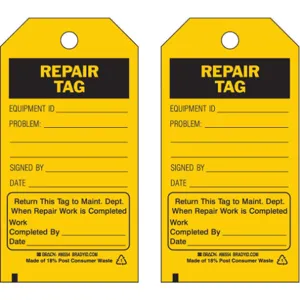 BRADY 86434 Repair Tag 5-3/4 x 3 Inch Black/yellow 3/8 Inch - Pack Of 10 | AF4ZXC 9TE54