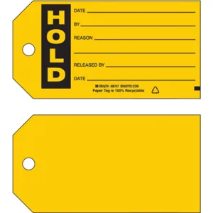 BRADY 86747 Hold Tag 3 x 5-3/4 Inch Black/yellow Metal - Pack Of 100 | AF6CMF 9WML0