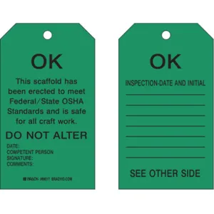 BRADY 89017 Scaffold Ok Tag 7 x 4 Inch Black/green - Pack Of 10 | AE3QCV 5EPA2