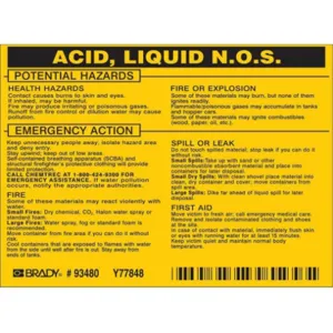 BRADY 93480 Chemical Label 3-3/4 Inch Height x 4-1/2 Inch Width Pk25 | AF7ANA 20TH59