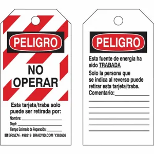 BRADY 98219 Lockout Tag, Peligro, Polyester, Comentario/Dept/Nombre/Tiempo Estimado de Reparacion | CP2FMU 489L58