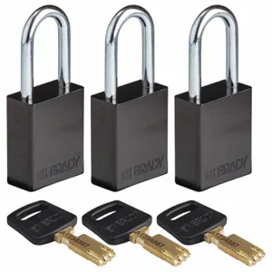 BRADY ALU-BLK-38ST-KA3PK Lockout Padlock, Keyed Alike, Aluminum, Std Body Body Size, Steel, Std, Black, 3 Pack Size | CP2FBE 55JY27