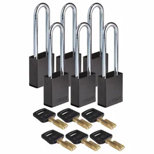 BRADY ALU-BLK-76ST-KA6PK Lockout Padlock, Keyed Alike, Aluminum, Std Body Body Size, Steel, Extended, Black | CP2FAQ 55JZ18