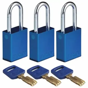 BRADY ALU-BLU-38ST-KA3PK Lockout Padlock, Keyed Alike, Aluminum, Std Body Body Size, Steel, Std, Blue, 3 Pack Size | CP2FBF 55JY26