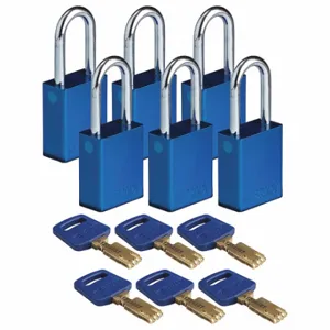 BRADY ALU-BLU-38ST-KA6PK Lockout Padlock, Keyed Alike, Aluminum, Std Body Body Size, Steel, Std, Blue, 6 Pack Size | CP2FBG 55JY35