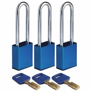 BRADY ALU-BLU-76ST-KA3PK Lockout Padlock, Keyed Alike, Aluminum, Std Body Body Size, Steel, Extended, Blue | CP2FAR 55JY53