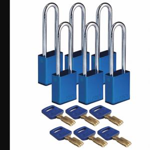 BRADY ALU-BLU-76ST-KA6PK Lockout Padlock, Keyed Alike, Aluminum, Std Body Body Size, Steel, Extended, Blue | CP2FAT 55JZ17