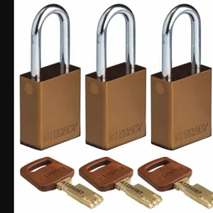 BRADY ALU-BRN-38ST-KA3PK Lockout Padlock, Keyed Alike, Aluminum, Std Body Body Size, Steel, Std, Brown, 3 Pack Size | CP2FBH 55JY30