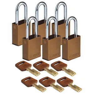 BRADY ALU-BRN-38ST-KD6PK Lockout Padlock, Keyed Different, Aluminum, Std Body Body Size, Steel, Std, Brown | CP2FEE 55JY48