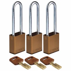 BRADY ALU-BRN-76ST-KA3PK Lockout Padlock, Keyed Alike, Aluminum, Std Body Body Size, Steel, Extended, Brown | CP2FAU 55JY57